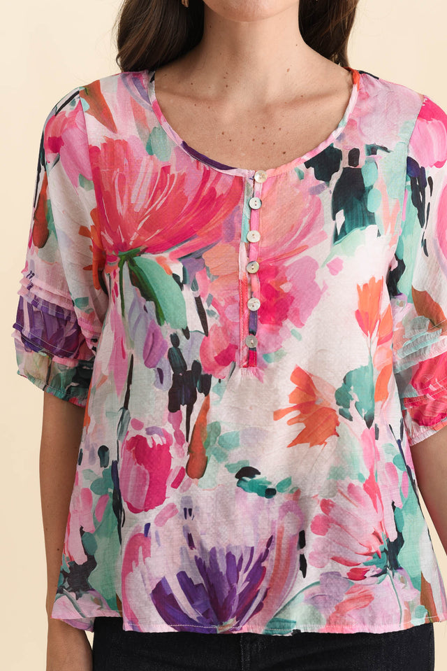 Paden Pink Floral Button Top,Brunette model,alt text|model:MJ image 6