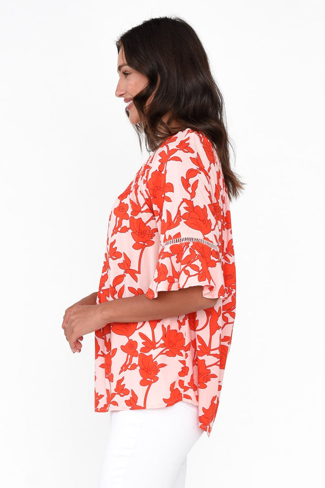 Paden Red Blossom Shirred Top