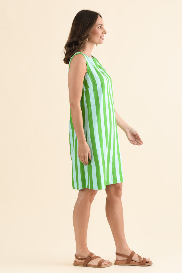 Palermo Green Stripe Linen Blend Dress,Side,Brunette model,alt text|model:MJ image 3