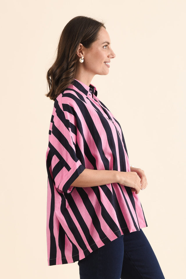 Palermo Navy Stripe Linen Blend Shirt,Side,Brunette model,alt text|model:MJ image 3