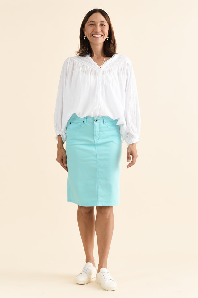 Palin Blue Zip Front Skirt,brunette model,Full Outfit,alt text|model:Cara image 2
