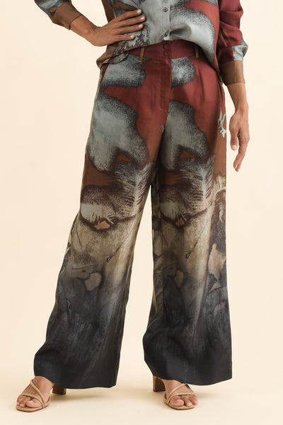 Palisades Mocha Floral Silk Wide Leg Pants,Brunette model,alt text|model:Cara
