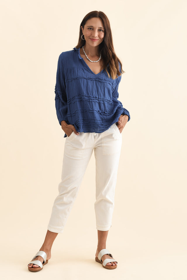 Palmer Navy Cotton Long Sleeve Top,Brunette model,alt text|model:Cara image 3