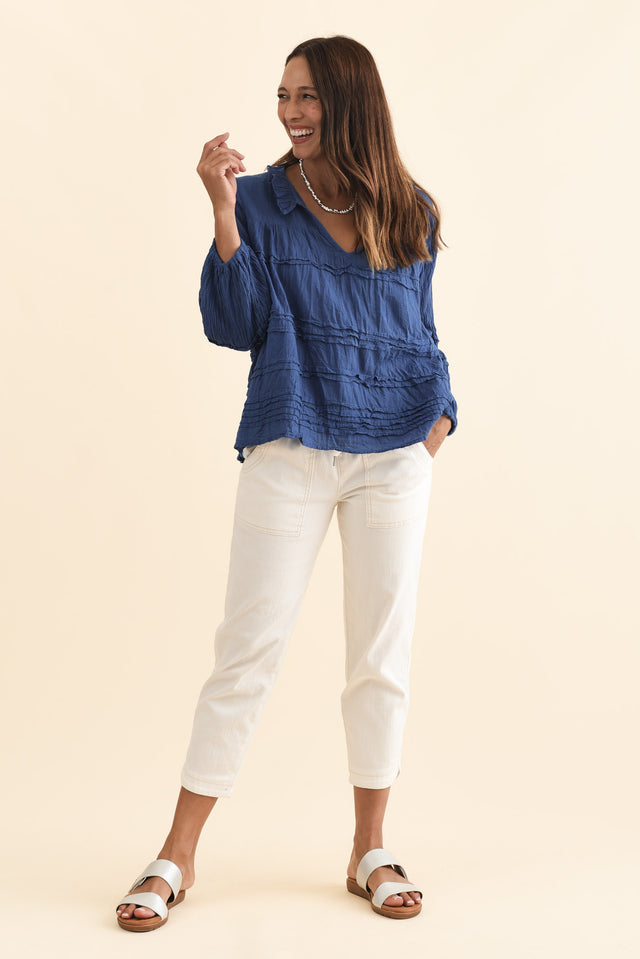 Palmer Navy Cotton Long Sleeve Top,Brunette model,alt text|model:Cara image 7