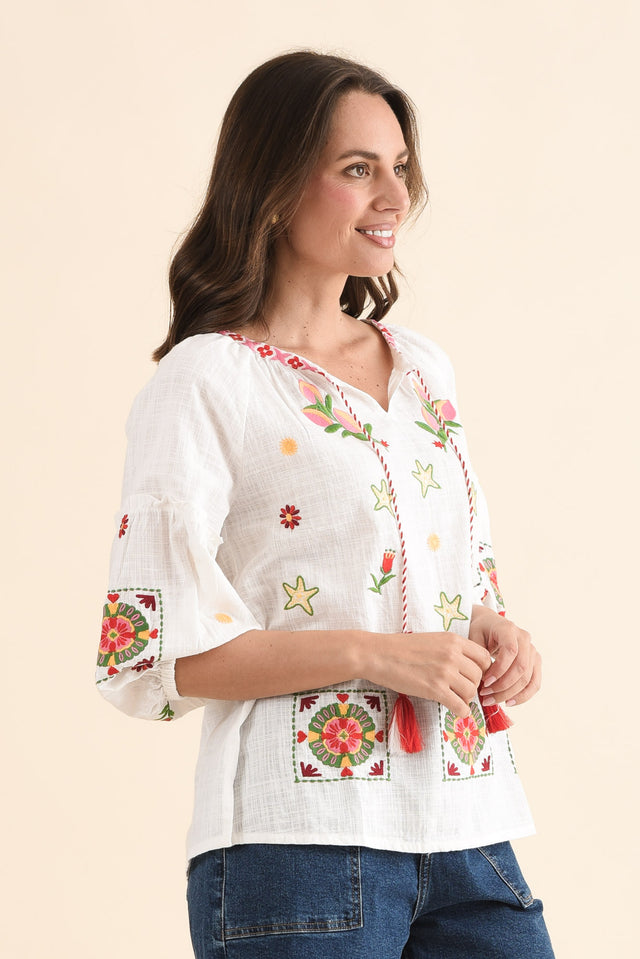 Paradiso Cream Beach Cotton Tassel Top,Side,Brunette model,alt text|model:MJ image 3