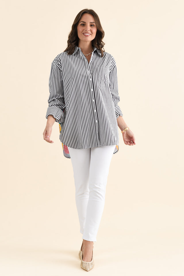 Party Navy Stripe Cotton Shirt,brunette model,Close up of outfit,alt text|model:MJ image 5