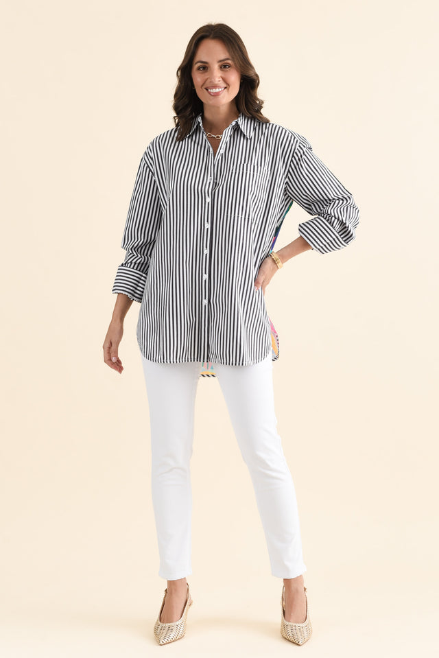 Party Navy Stripe Cotton Shirt,brunette model,Side of Outfit,alt text|model:MJ image 3