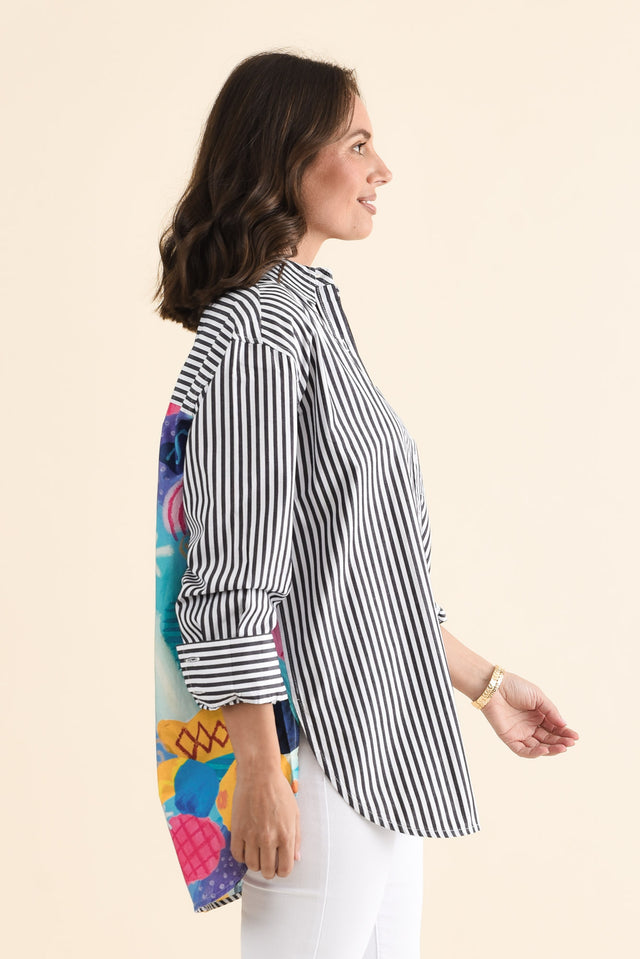 Party Navy Stripe Cotton Shirt,brunette model,Back of Outfit,alt text|model:MJ image 4