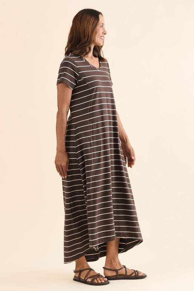 Patrick Dark Brown Stripe Cotton Pocket Dress,Side,Brunette model,alt text|model:Cara image 3