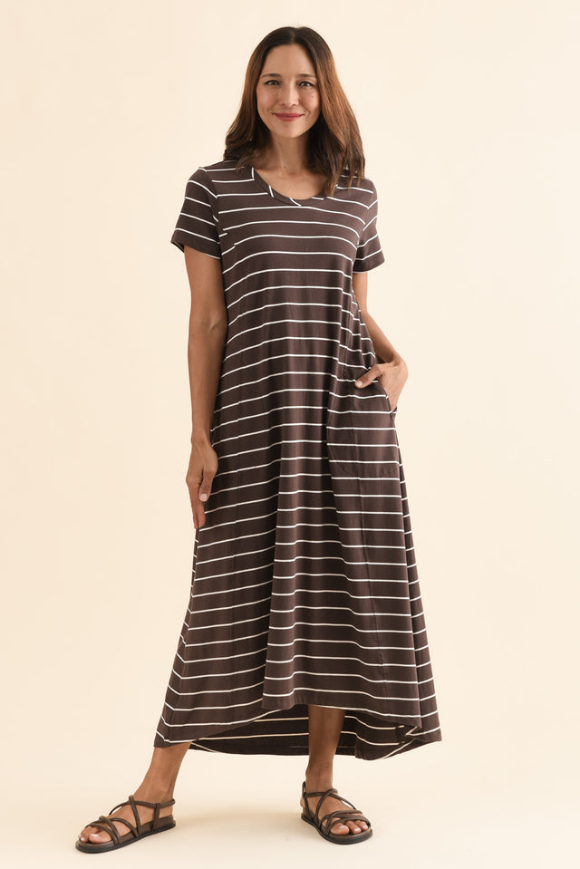 Patrick Dark Brown Stripe Cotton Pocket Dress,Full Body,Brunette model,alt text|model:Cara image 2