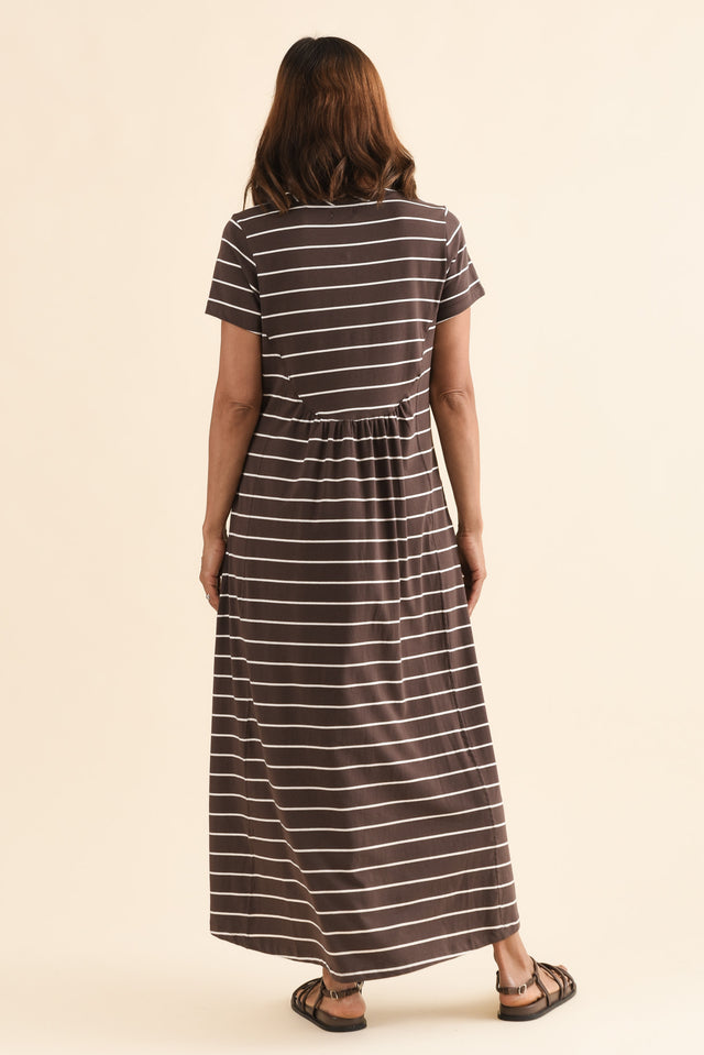 Patrick Dark Brown Stripe Cotton Pocket Dress,Back,Brunette model,alt text|model:Cara image 4