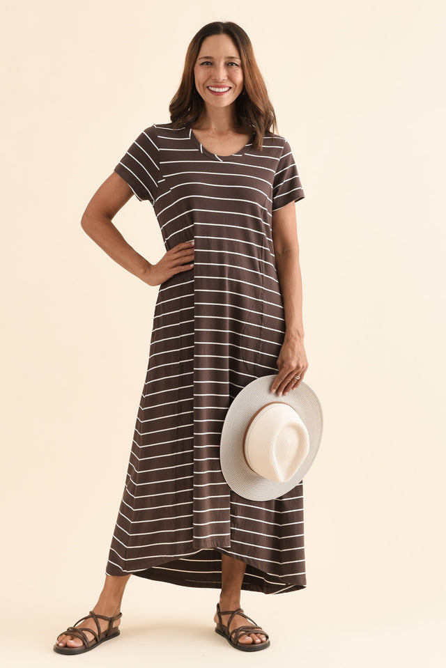 Patrick Dark Brown Stripe Cotton Pocket Dress,Front,Brunette model,alt text|model:Cara image 1