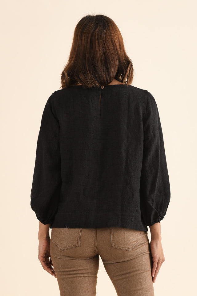 Pattison Black Linen Puff Sleeve Top,Back,Brunette model,alt text|model:Cara image 4