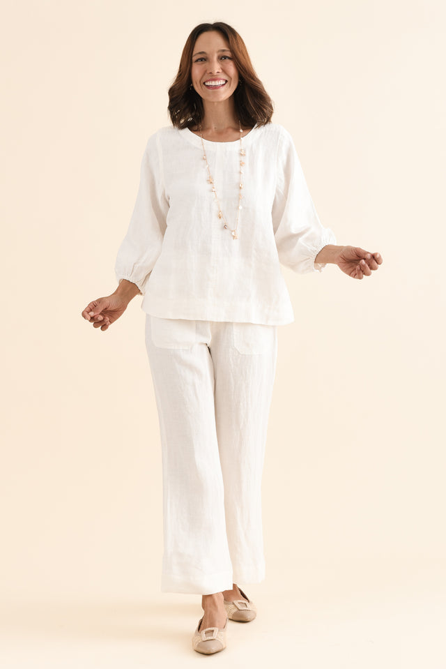 Pattison White Linen Puff Sleeve Top,Full Body,Brunette model,alt text|model:Cara image 2