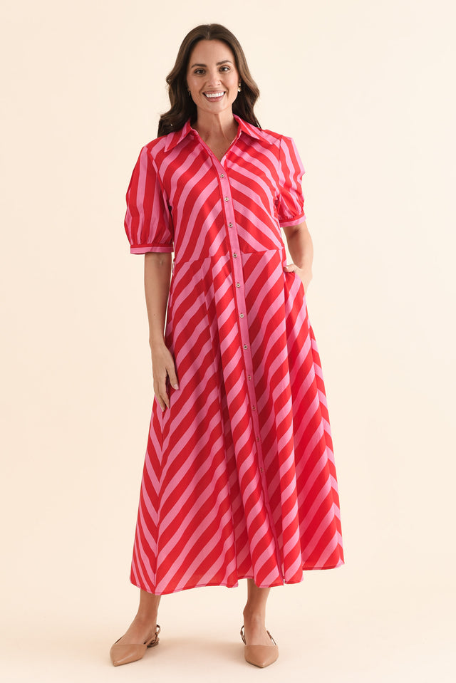 Patty Red Stripe Cotton Shirt Dress,Front,Brunette model,alt text|model:MJ image 1