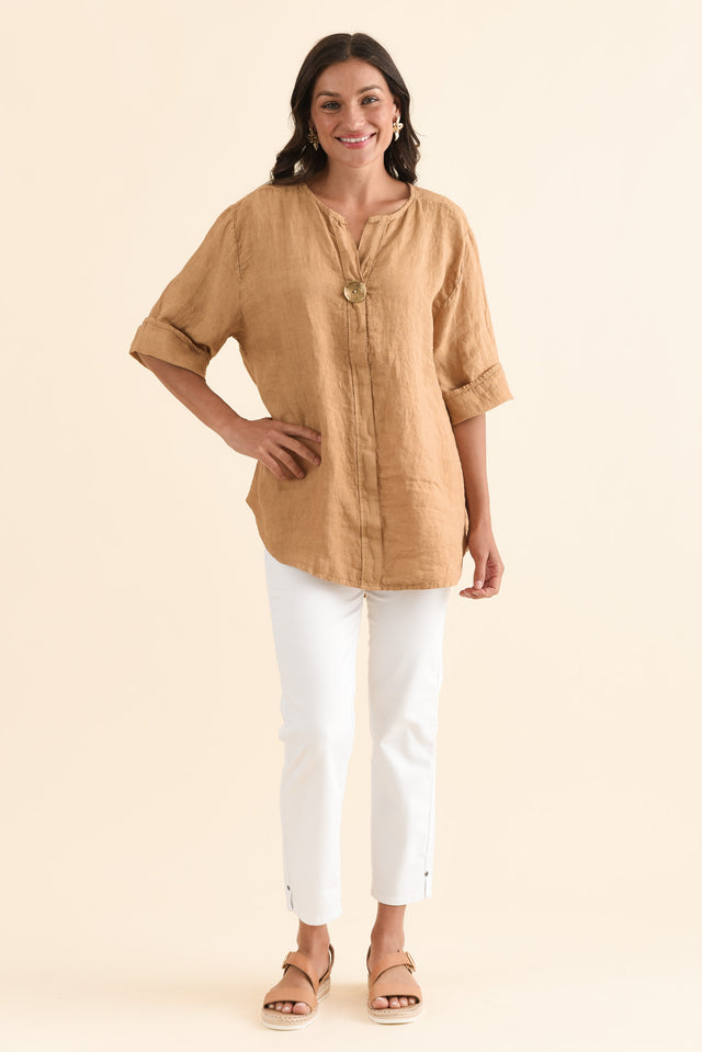 Payton Camel Linen Button Top,Full Body,Brunette model,alt text|model:Brontie image 2