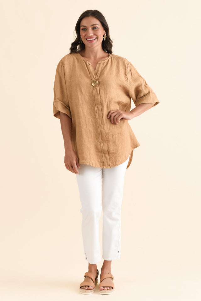 Payton Camel Linen Button Top,Full Body,Brunette model,alt text|model:Brontie image 6