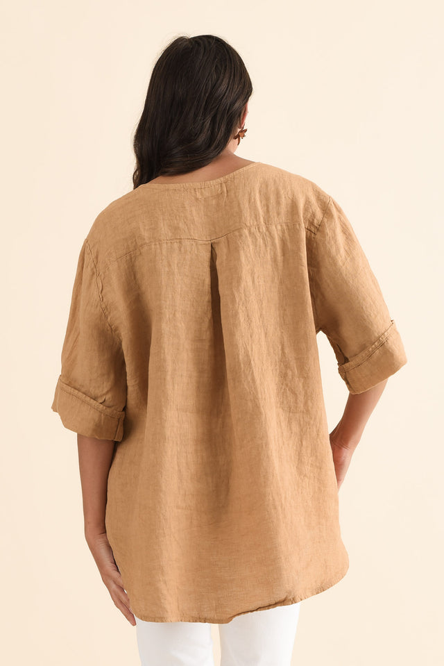 Payton Camel Linen Button Top,Back,Brunette model,alt text|model:Brontie image 4