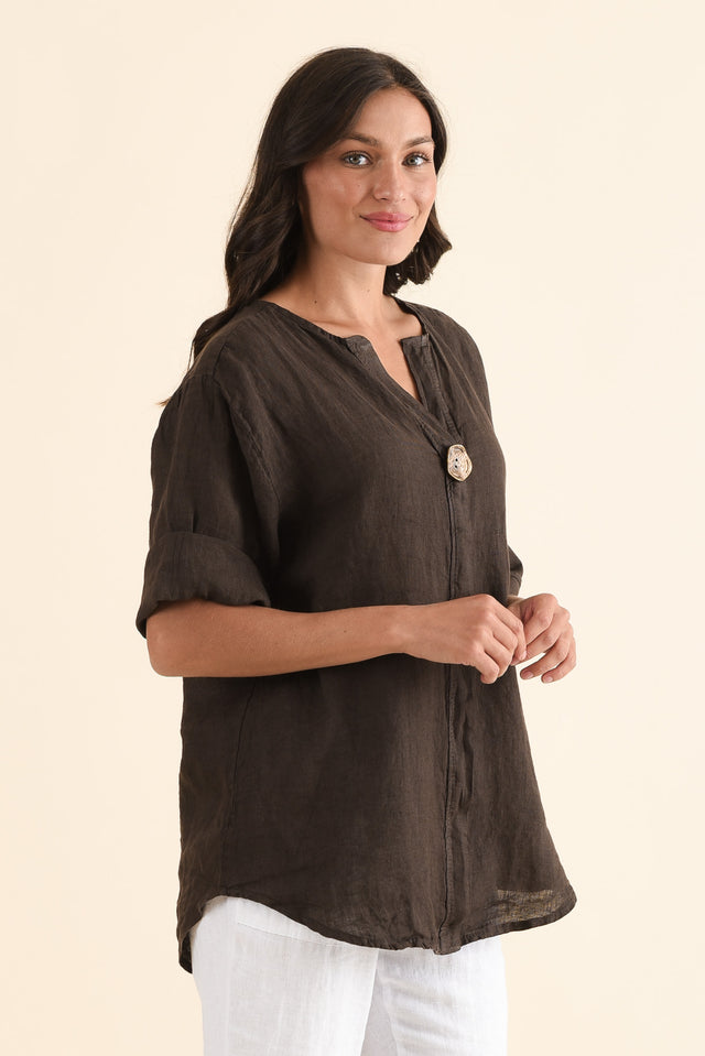 Payton Chocolate Linen Button Top,Side,Brunette model,alt text|model:Brontie image 3