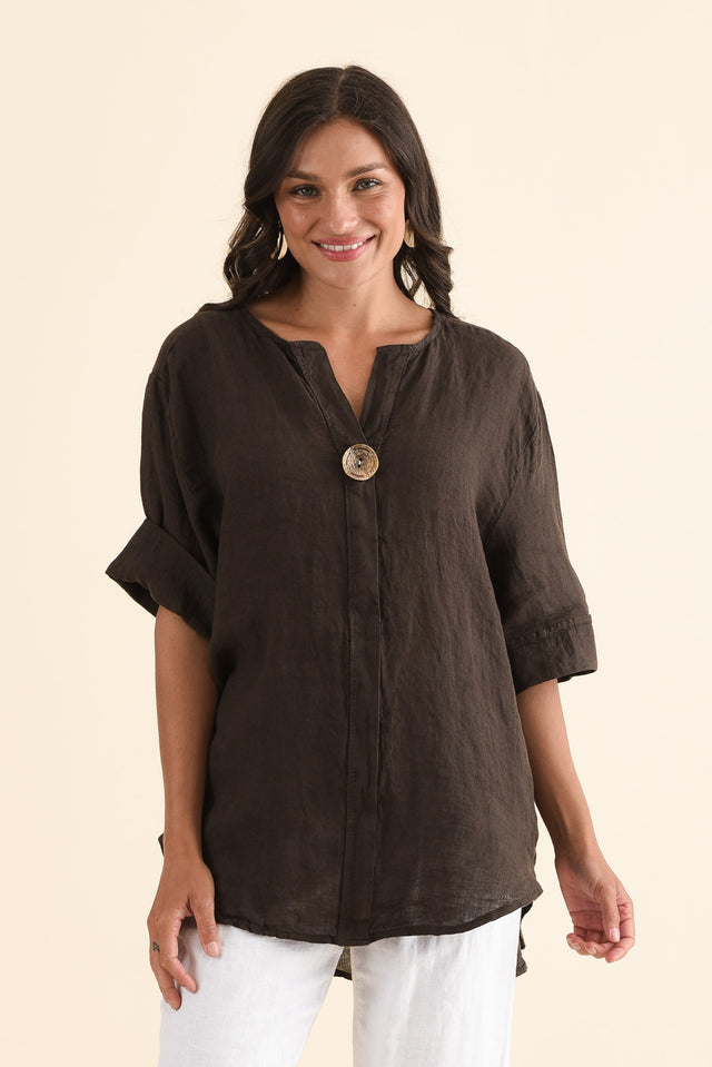 Payton Chocolate Linen Button Top,Front,Brunette model,alt text|model:Brontie image 1