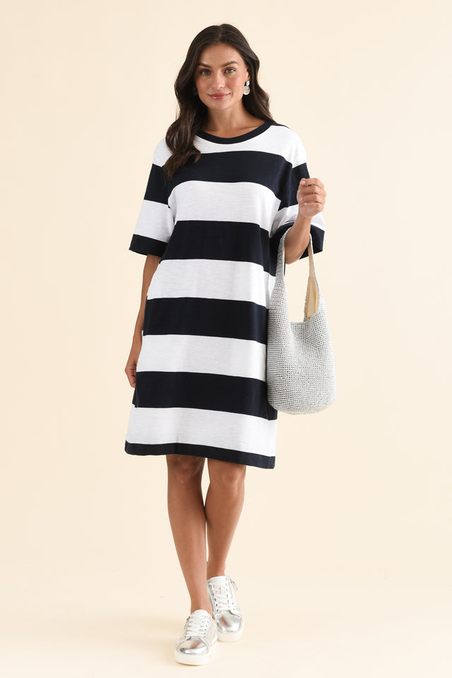 Pebble Navy Stripe Cotton T-Shirt Dress,Front,Brunette model,alt text|model:Brontie image 1