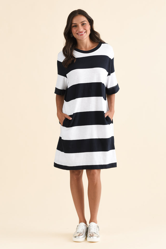 Pebble Navy Stripe Cotton T-Shirt Dress,Full Body,Brunette model,alt text|model:Brontie image 2