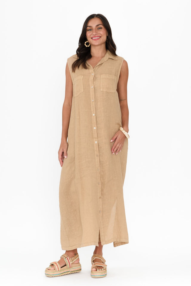 Perla Mocha Linen Button Dress,Brunette model,alt text|model:Brontie image 3