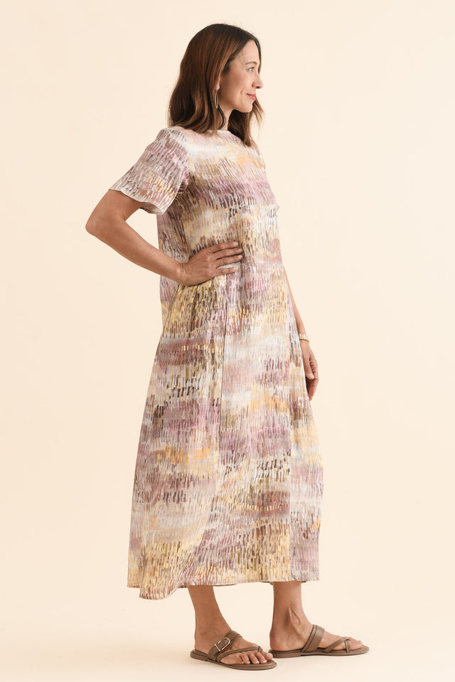 Perlina Yellow Abstract Linen Dress,Side,Brunette model,alt text|model:Cara image 3