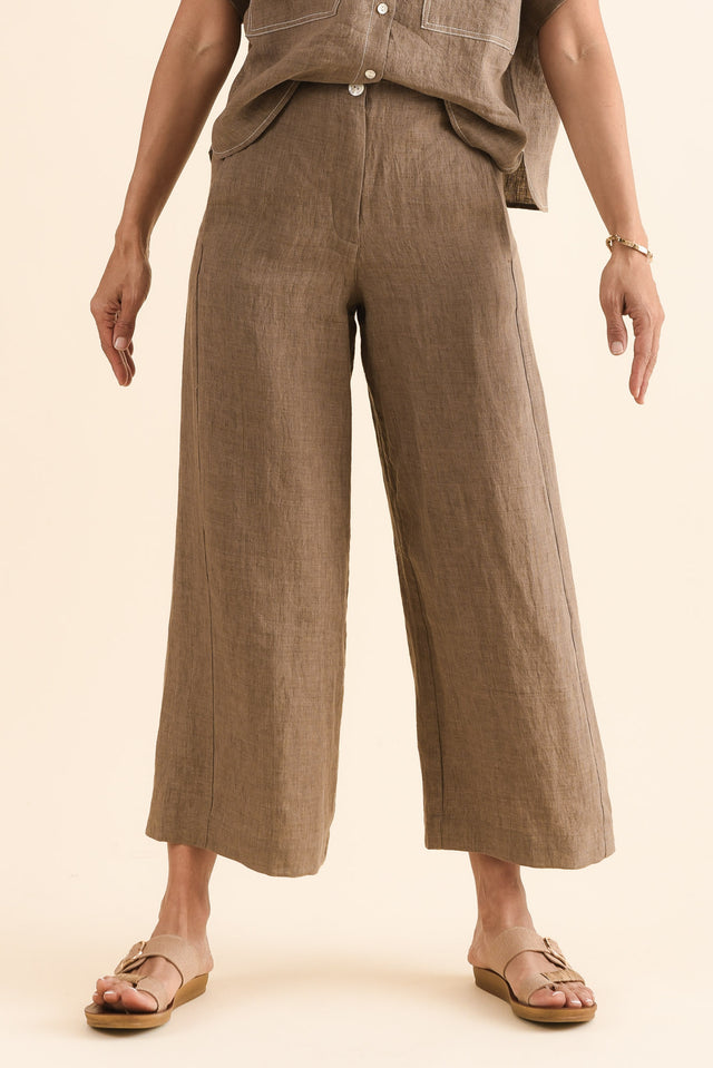 Persia Mocha Linen Pocket Pants,Front,Brunette model,alt text|model:Cara image 1
