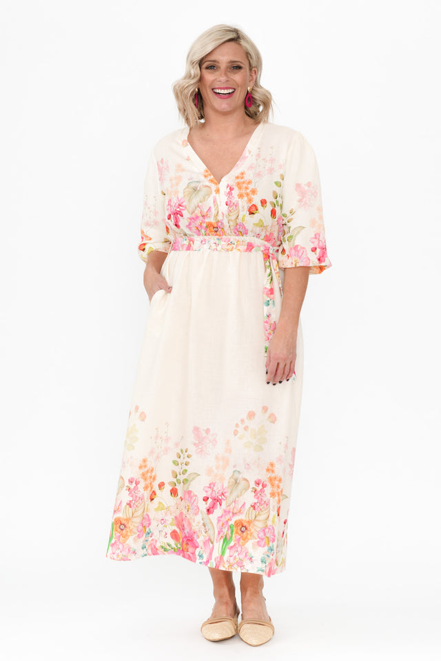 Petunia Cream Floral Linen Blend Dress image 2