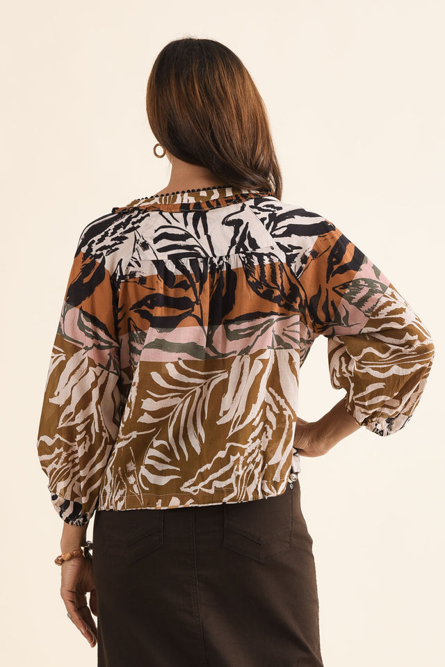 Piccolo Brown Palm Cotton Blouse,Back,Brunette model,alt text|model:Cara image 4