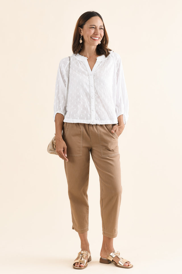 Piccolo White Cotton Blouse,Full Body,Brunette model,alt text|model:Cara image 2