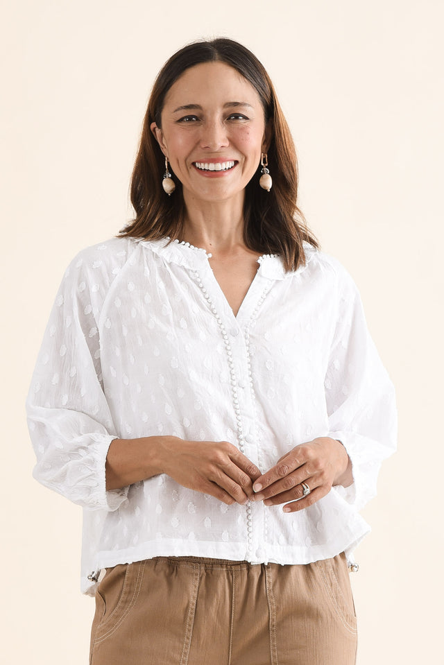 Piccolo White Cotton Blouse,Front,Brunette model,alt text|model:Cara image 1