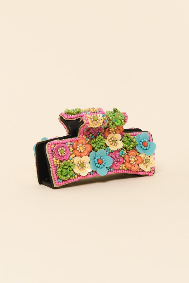 Pink Flower Beaded Claw Clip