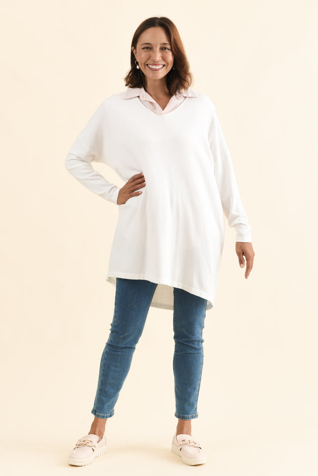Piper White V Neck Knit Jumper,Full Body,Brunette model,alt text|model:Cara image 5