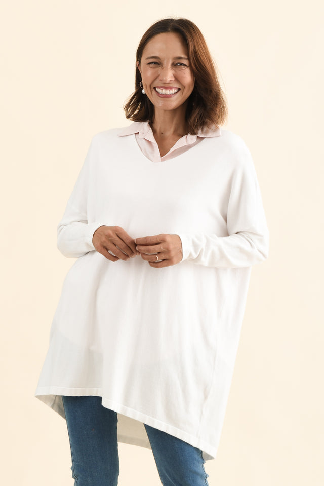 Piper White V Neck Knit Jumper,Front,Brunette model,alt text|model:Cara