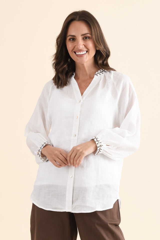 Pixie White Cotton Embroidered Blouse,Front,Brunette model,alt text|model:MJ image 1