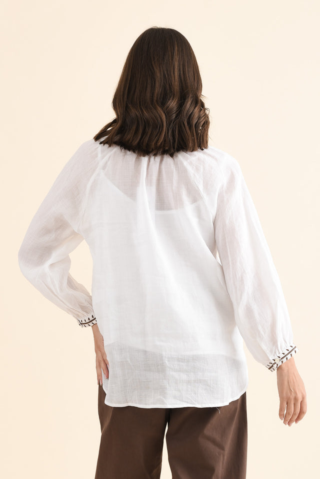 Pixie White Cotton Embroidered Blouse,Back,Brunette model,alt text|model:MJ image 4