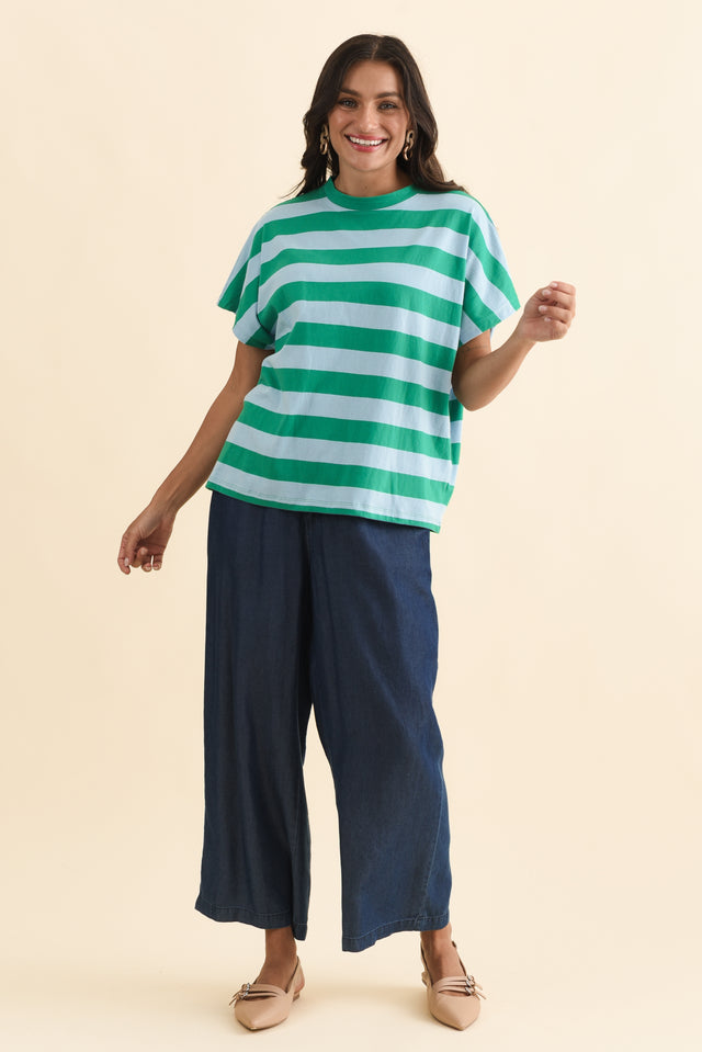 Poet Teal Stripe Cotton Tee,Brunette model,alt text|model:Brontie image 7
