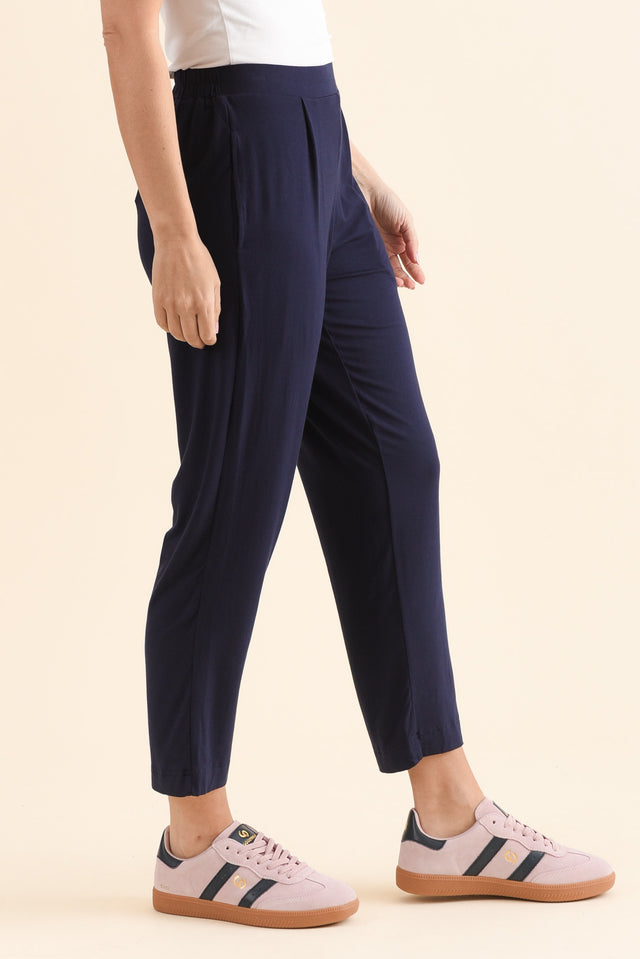 Polaris Navy Bamboo Cropped Pants,Side,Brunette model,alt text|model:MJ image 3