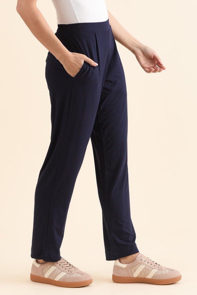 Polaris Navy Bamboo Pants,Side,Brunette model,alt text|model:MJ image 3