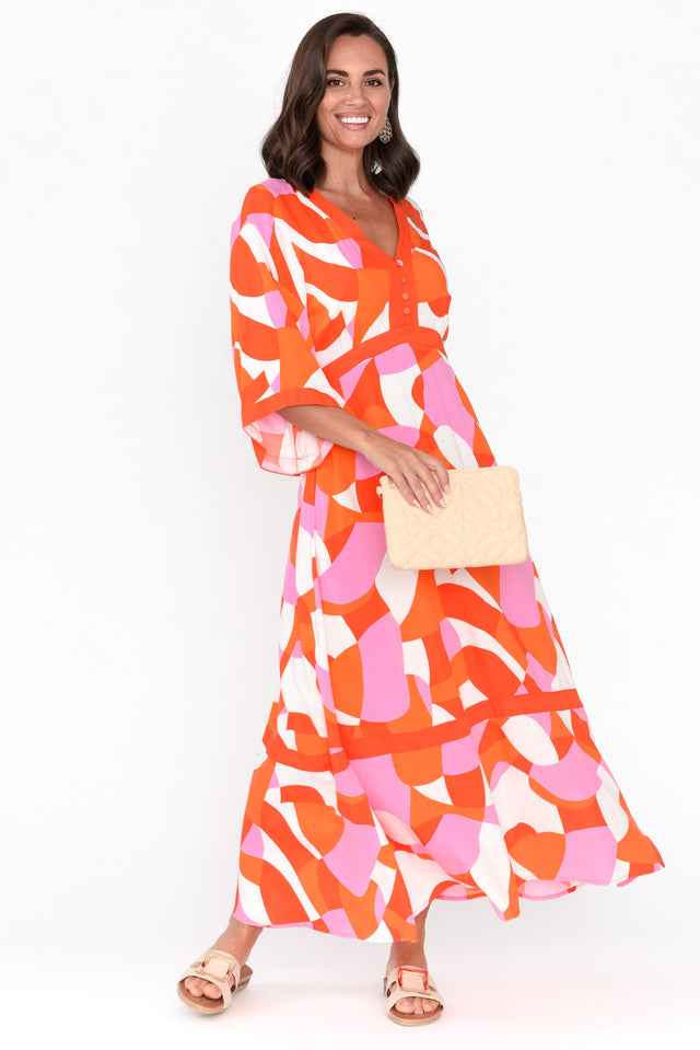Polina Orange Abstract V Neck Dress image 2