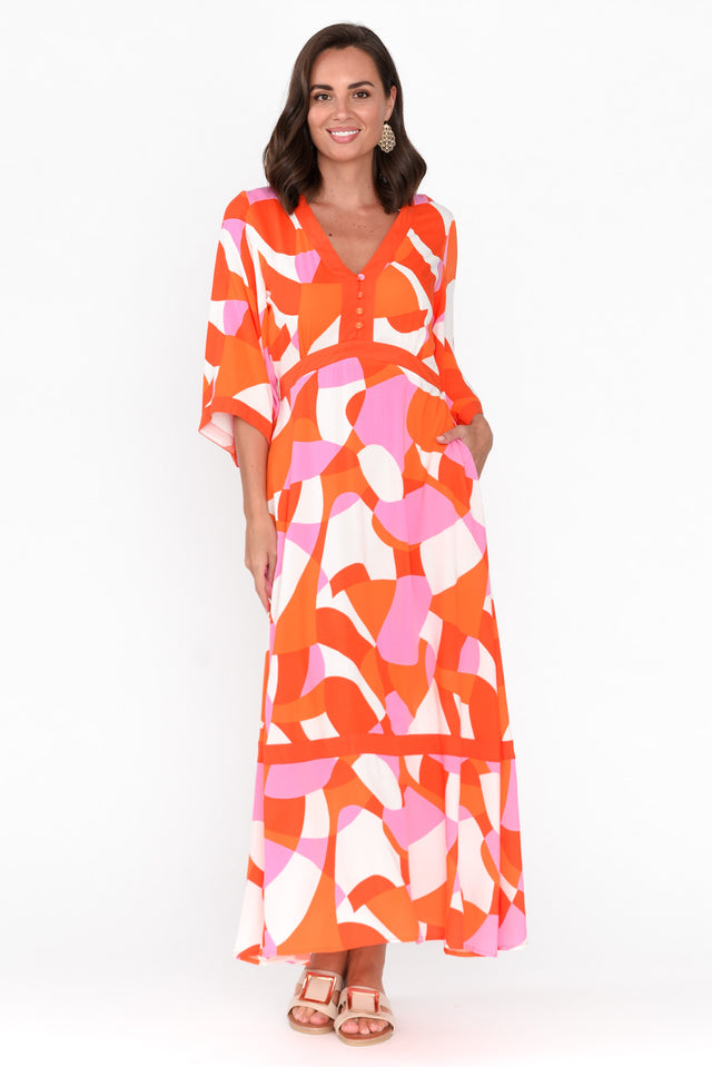 Polina Orange Abstract V Neck Dress image 3