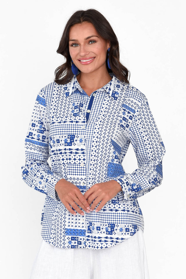 Pomona Blue Mosaic Cotton Shirt neckline_V Neck  alt text|model:Brontie;wearing:XS