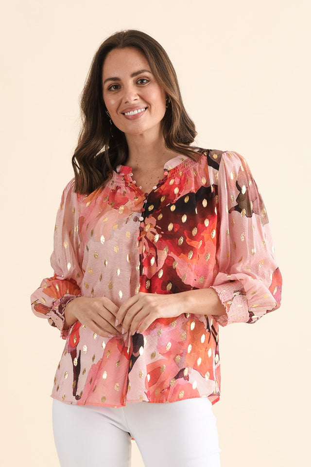 Ponting Pink Floral Foil Button Blouse,Front,Brunette model,alt text|model:MJ image 1