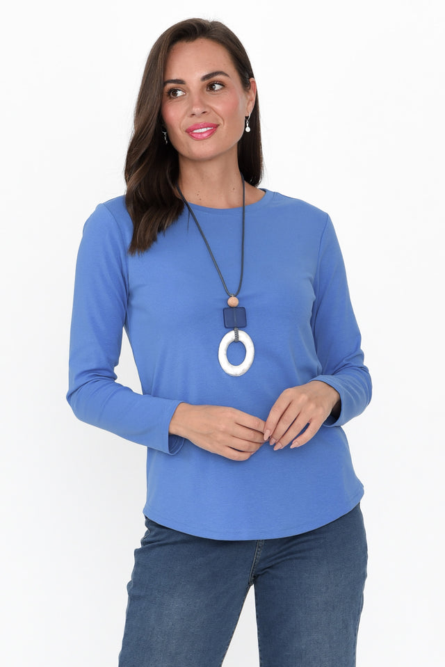 Porter Blue Cotton Long Sleeve Top neckline_High  alt text|model:MJ;wearing:S image 1