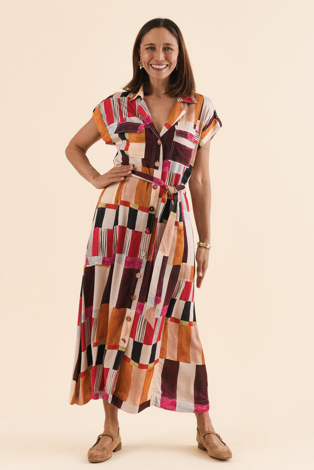 Portia Red Geo Tie Dress,Front,Brunette model,alt text|model:Cara image 1