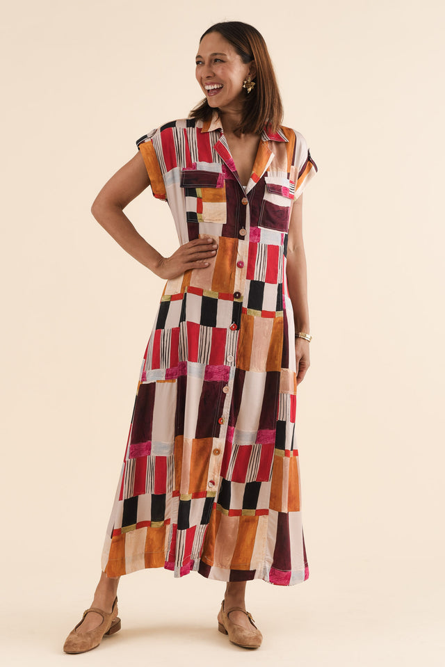 Portia Red Geo Tie Dress,Full Body,Brunette model,alt text|model:Cara image 2