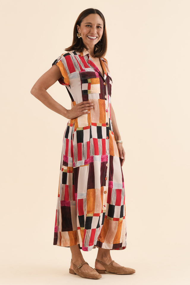 Portia Red Geo Tie Dress,Side,Brunette model,alt text|model:Cara image 3