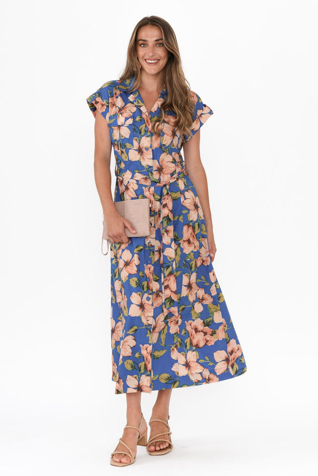 Porto Blue Floral Cotton Tie Dress,Brunette model,alt text|model:Johanna image 4